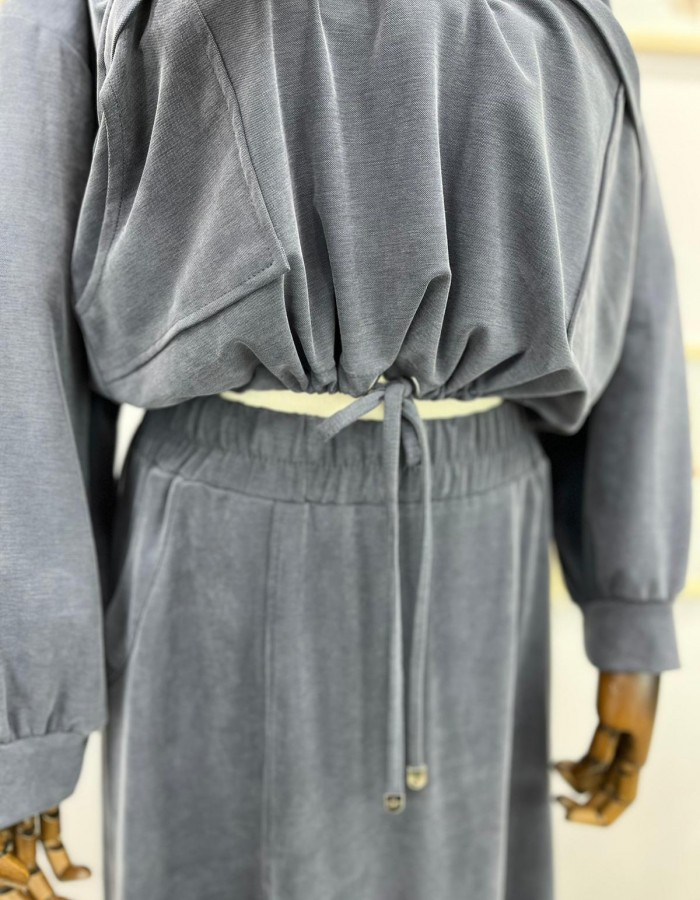 Kapüşonlu Bağcık Detaylı Sweat Etek Takım Gri