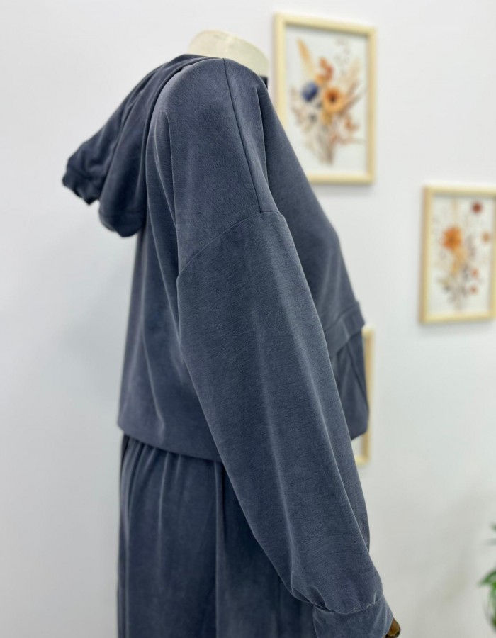 Kapüşonlu Bağcık Detaylı Sweat Etek Takım Gri