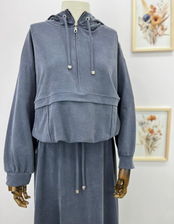 Kapüşonlu Bağcık Detaylı Sweat Etek Takım Gri