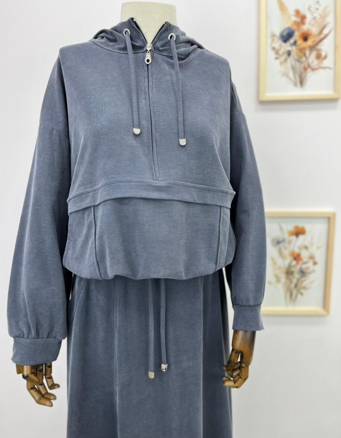 Kapüşonlu Bağcık Detaylı Sweat Etek Takım Gri