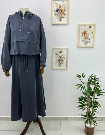 Kapüşonlu Bağcık Detaylı Sweat Etek Takım Gri