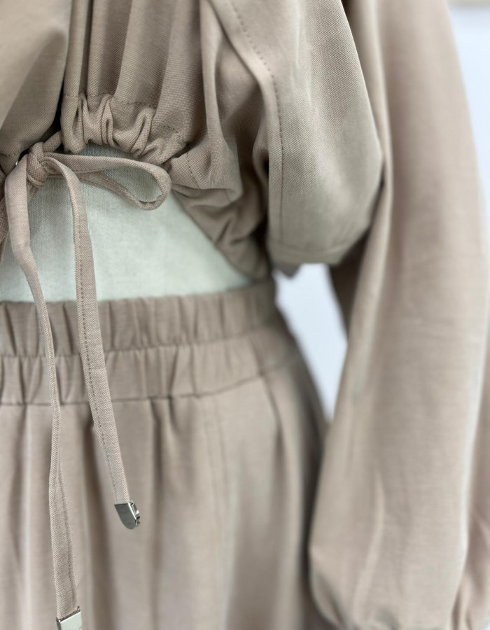 Kapüşonlu Bağcık Detaylı Sweat Etek Takım Krem