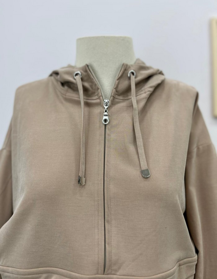 Kapüşonlu Bağcık Detaylı Sweat Etek Takım Krem
