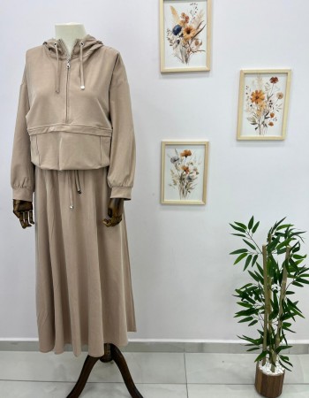 Kapüşonlu Bağcık Detaylı Sweat Etek Takım Krem