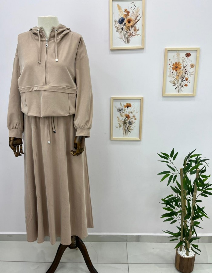 Kapüşonlu Bağcık Detaylı Sweat Etek Takım Krem