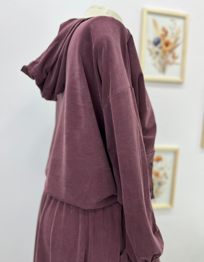 Kapüşonlu Bağcık Detaylı Sweat Etek Takım Mürdüm