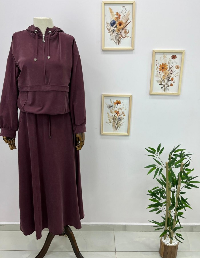 Kapüşonlu Bağcık Detaylı Sweat Etek Takım Mürdüm