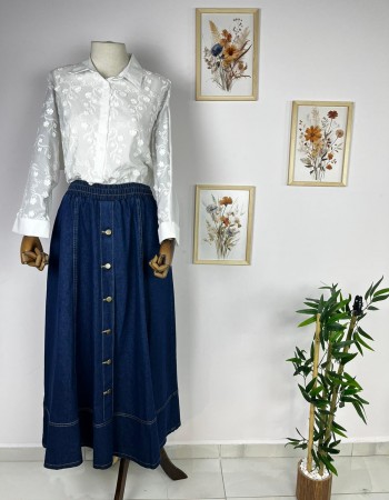 Koyu Renk Önü Düğmeli Kloş Kot Etek