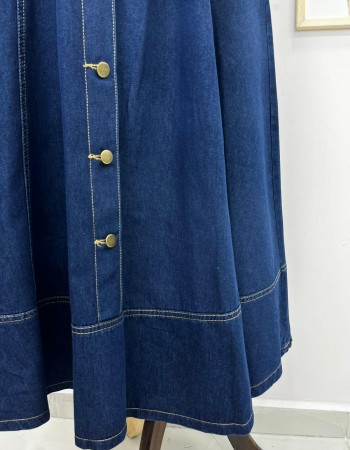 Koyu Renk Önü Düğmeli Kloş Kot Etek