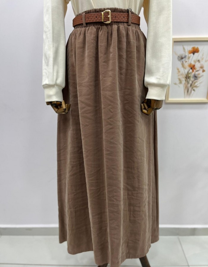 Beli Lastikli Kemerli Etek Kahverengi