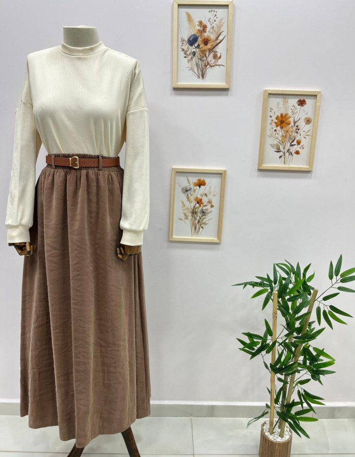 Beli Lastikli Kemerli Etek Kahverengi