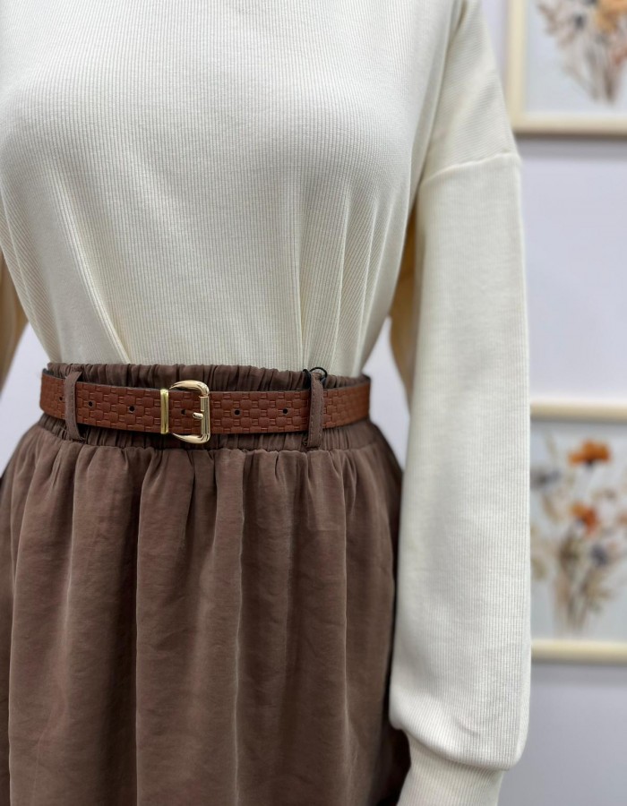 Beli Lastikli Kemerli Etek Kahverengi