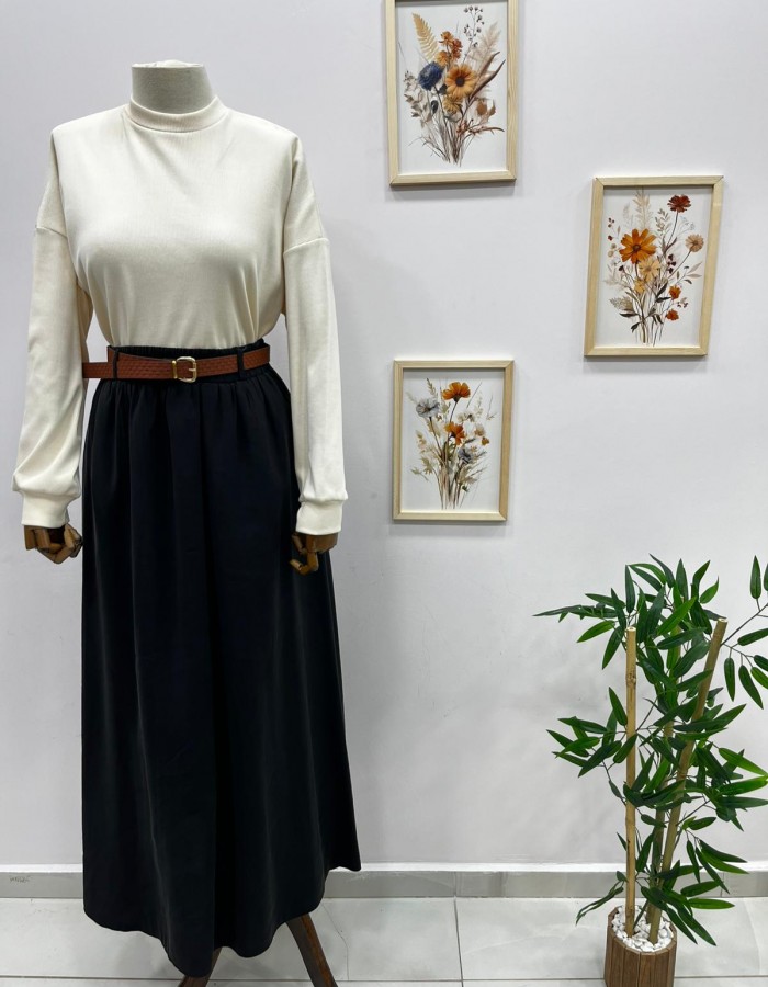 Beli Lastikli Kemerli Etek Siyah