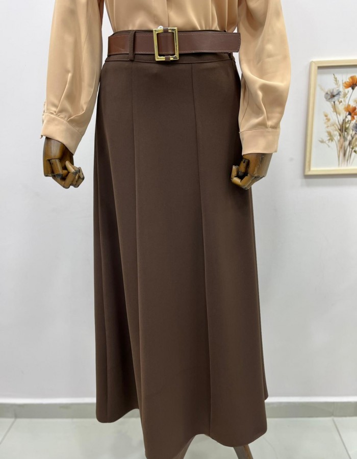 parçalı kahverengi kemerli etek