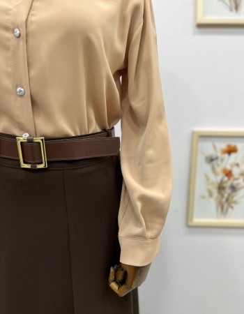 parçalı kahverengi kemerli etek