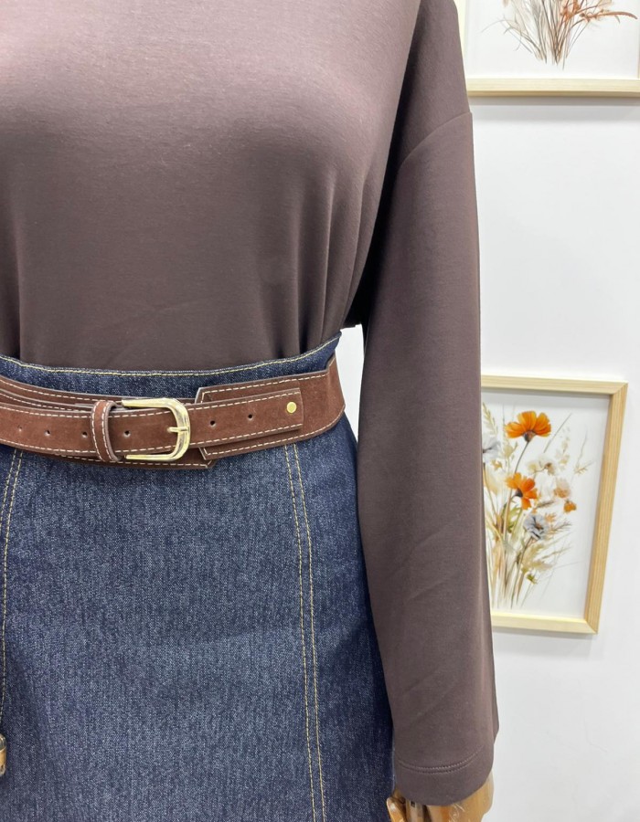 Süet Kemer Detaylı Lacivert Kot Etek