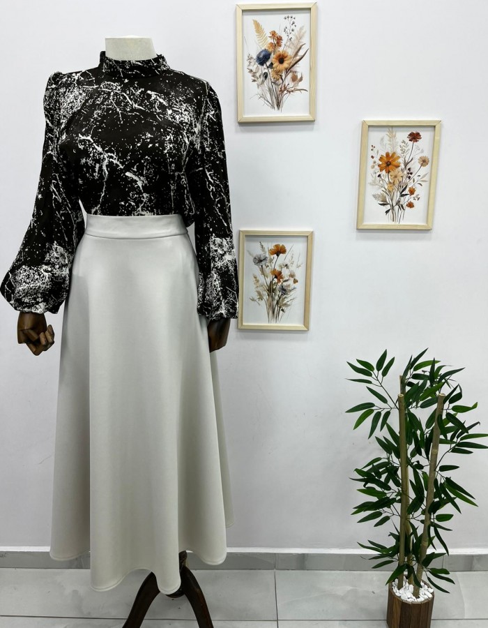 Kahverengi Mermer Desenli Balon Kol Gömlek