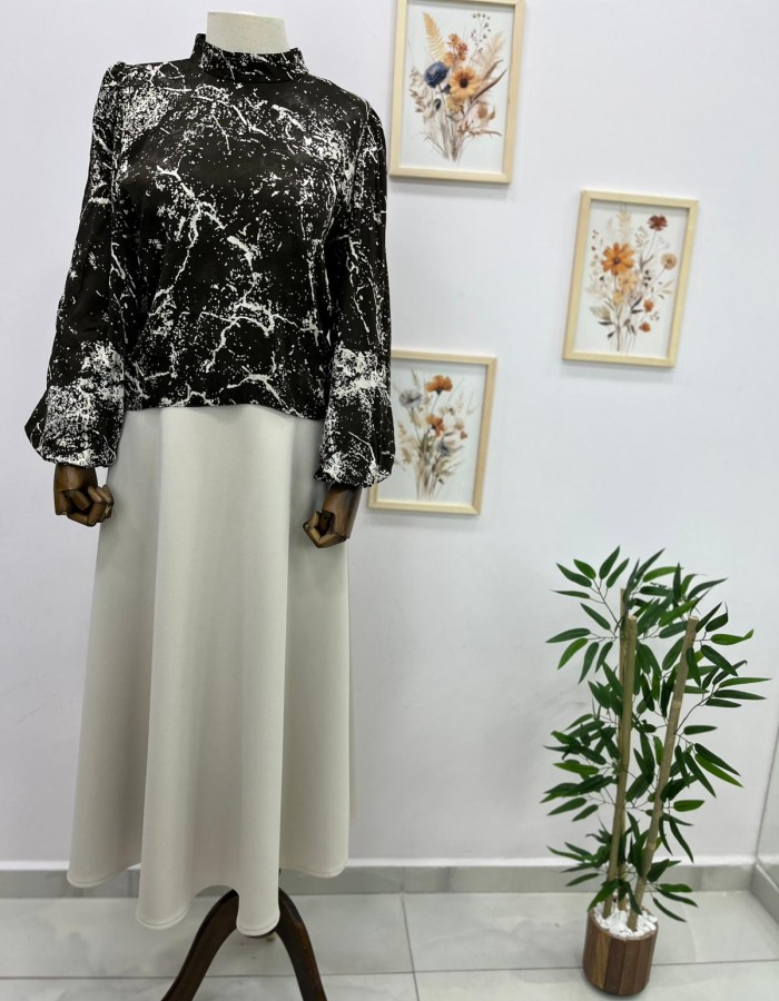 Kahverengi Mermer Desenli Balon Kol Gömlek