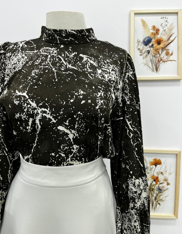 Kahverengi Mermer Desenli Balon Kol Gömlek