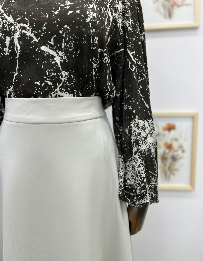 Kahverengi Mermer Desenli Balon Kol Gömlek