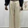 Krem Çift Kemer Detaylı Bol Paça Kumaş Pantolon 