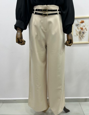 Krem Çift Kemer Detaylı Bol Paça Kumaş Pantolon 