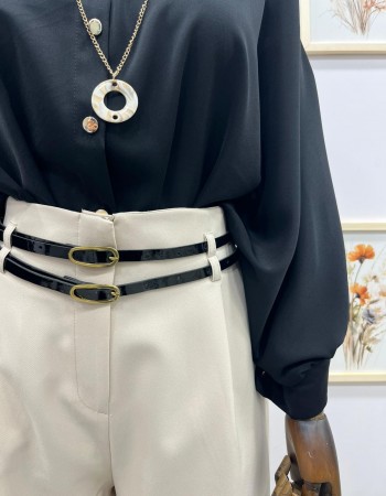 Krem Çift Kemer Detaylı Bol Paça Kumaş Pantolon 