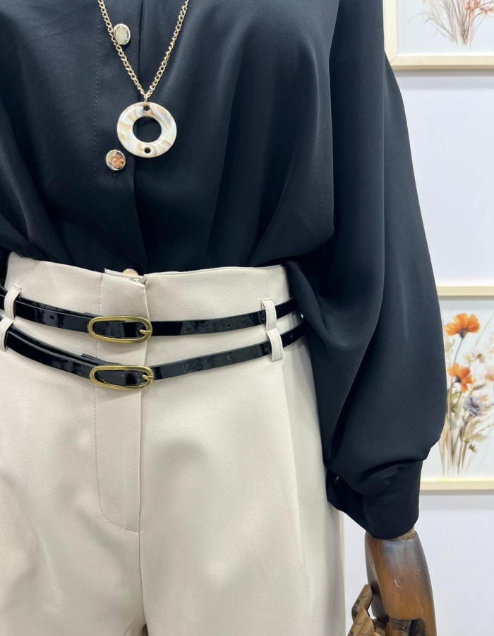 Krem Çift Kemer Detaylı Bol Paça Kumaş Pantolon 