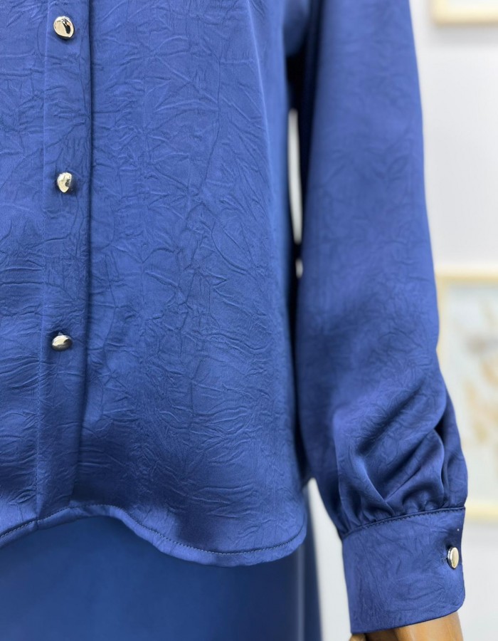 Lacivert Fiyonk Detaylı Kendinden Desenli Gömlek