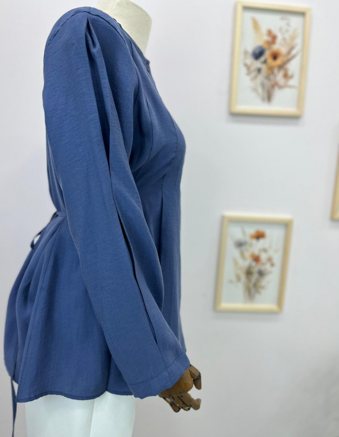 Mavi Bağlama Detaylı Belden Oturtmalı Gömlek