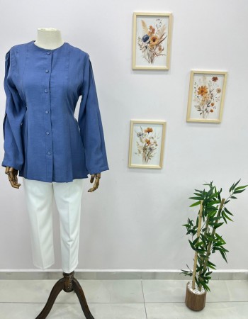 Mavi Bağlama Detaylı Belden Oturtmalı Gömlek