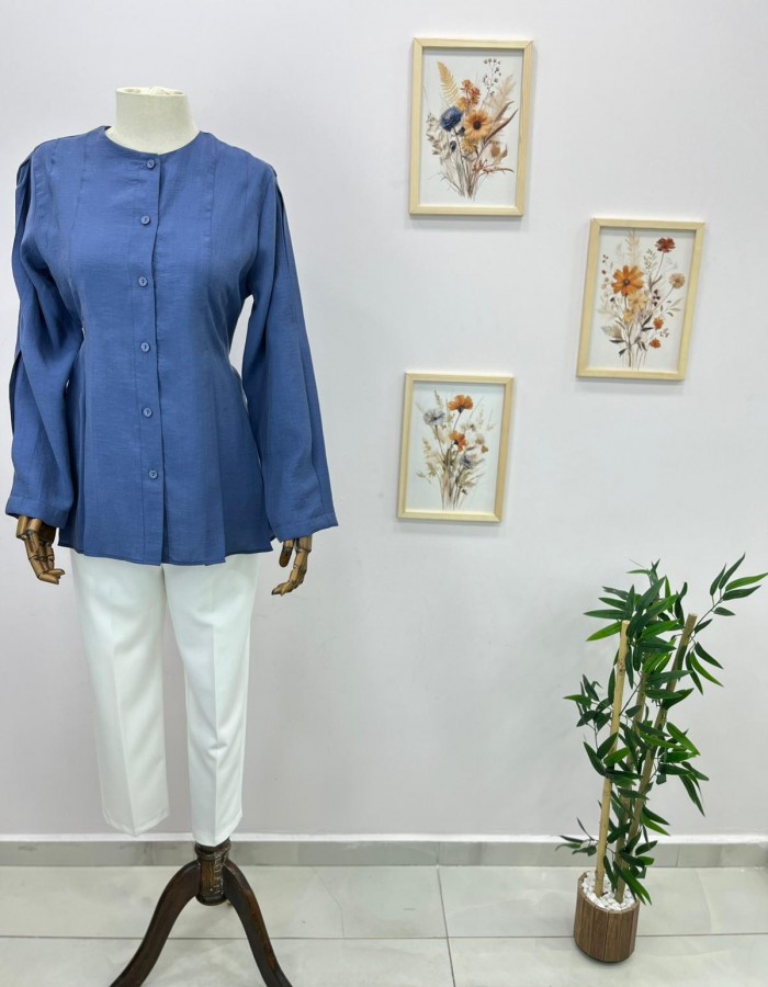 Mavi Bağlama Detaylı Belden Oturtmalı Gömlek