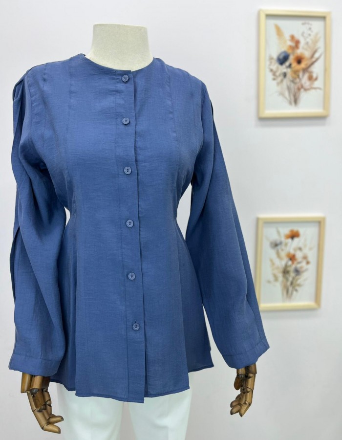 Mavi Bağlama Detaylı Belden Oturtmalı Gömlek