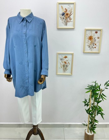 Mavi Kalp Desenli Büyük Beden Gömlek 