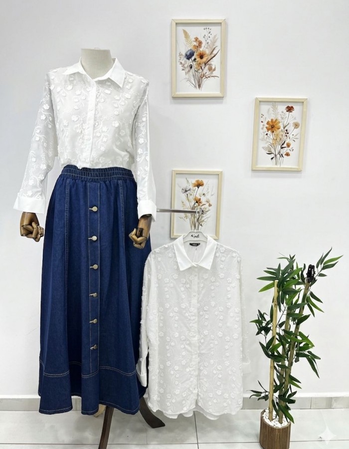 Papatya Nakışlı Beyaz Gömlek Tunik