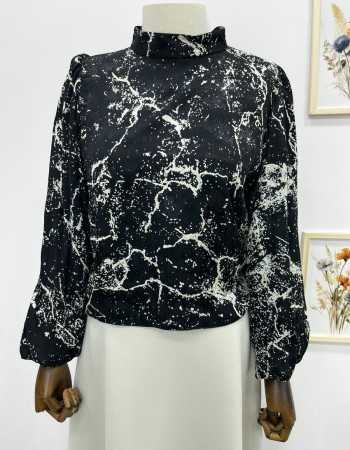 Siyah Mermer Desenli Balon Kol Gömlek