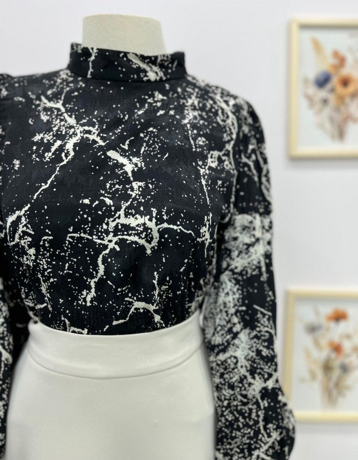 Siyah Mermer Desenli Balon Kol Gömlek