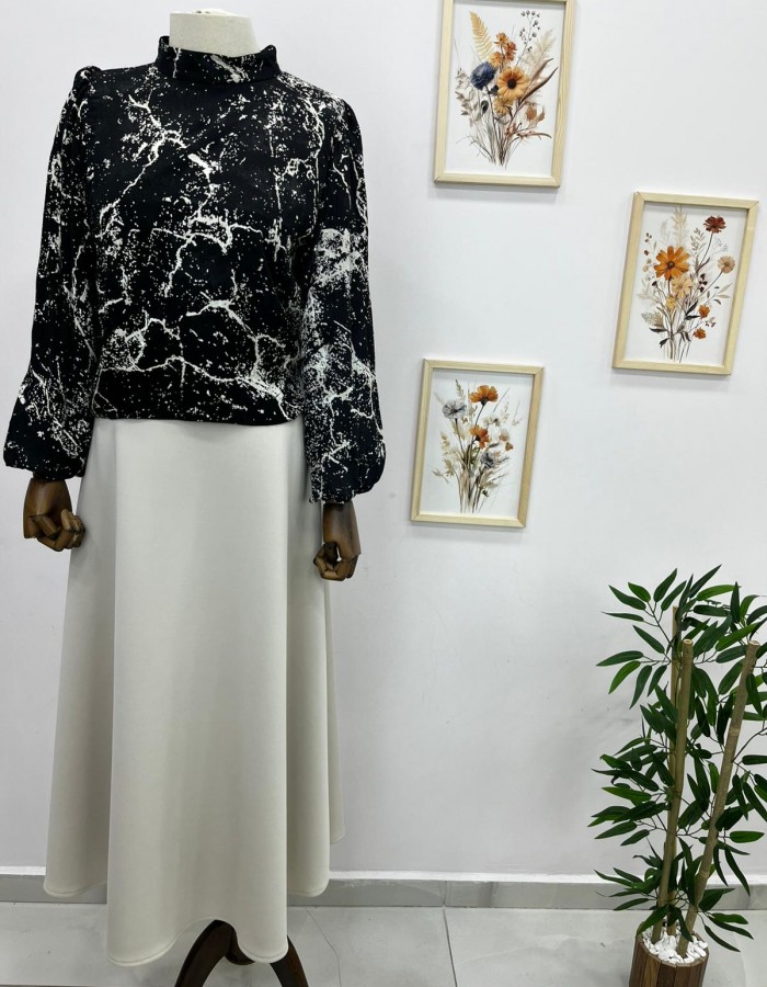 Siyah Mermer Desenli Balon Kol Gömlek