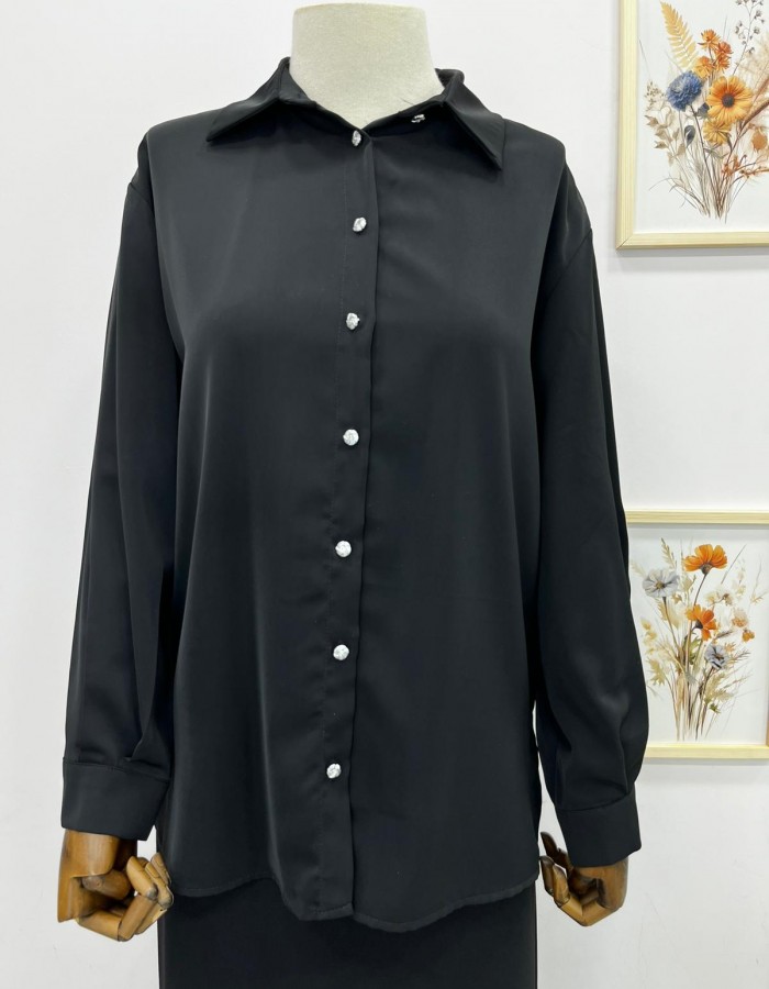 Siyah Önden Düğmeli Kadın Gömlek