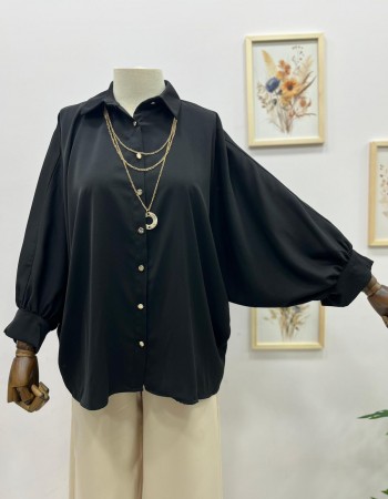 Siyah Kadın Yarasa Kol Seyyar Kolye Detaylı Gömlek