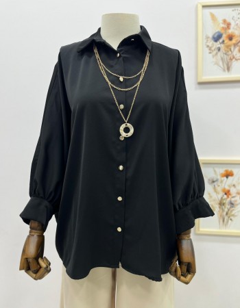 Siyah Kadın Yarasa Kol Seyyar Kolye Detaylı Gömlek