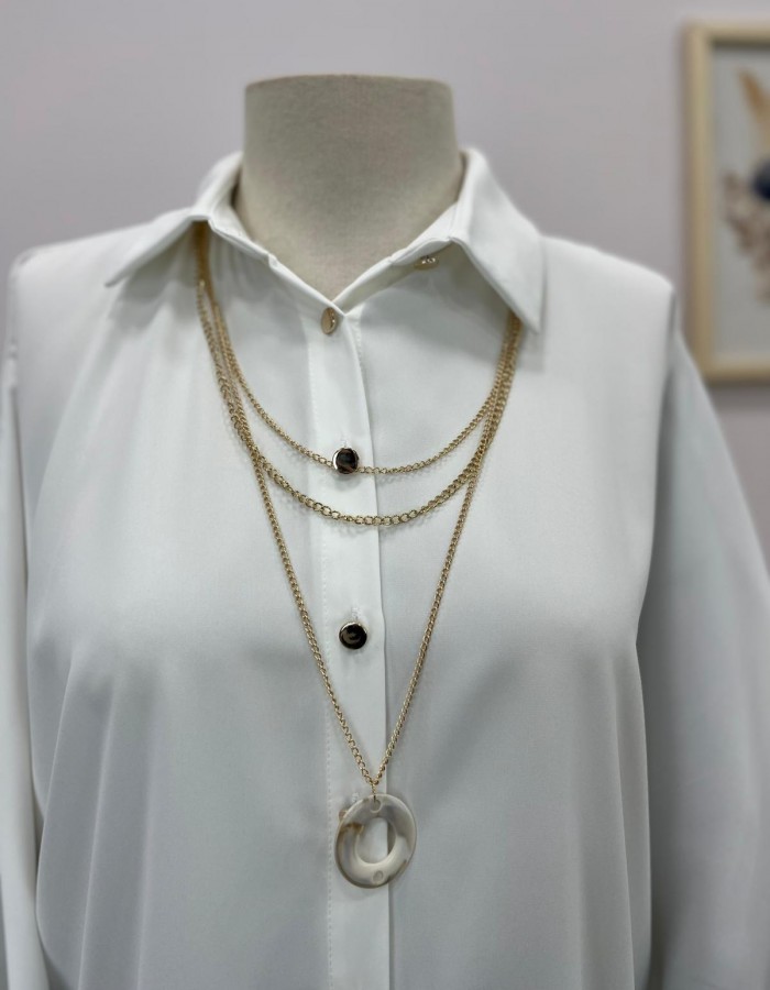 Beyaz Kadın Yarasa Kol Seyyar Kolye Detaylı Gömlek