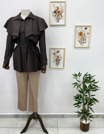 pelerin detaylı kahverengi gömlek tunik