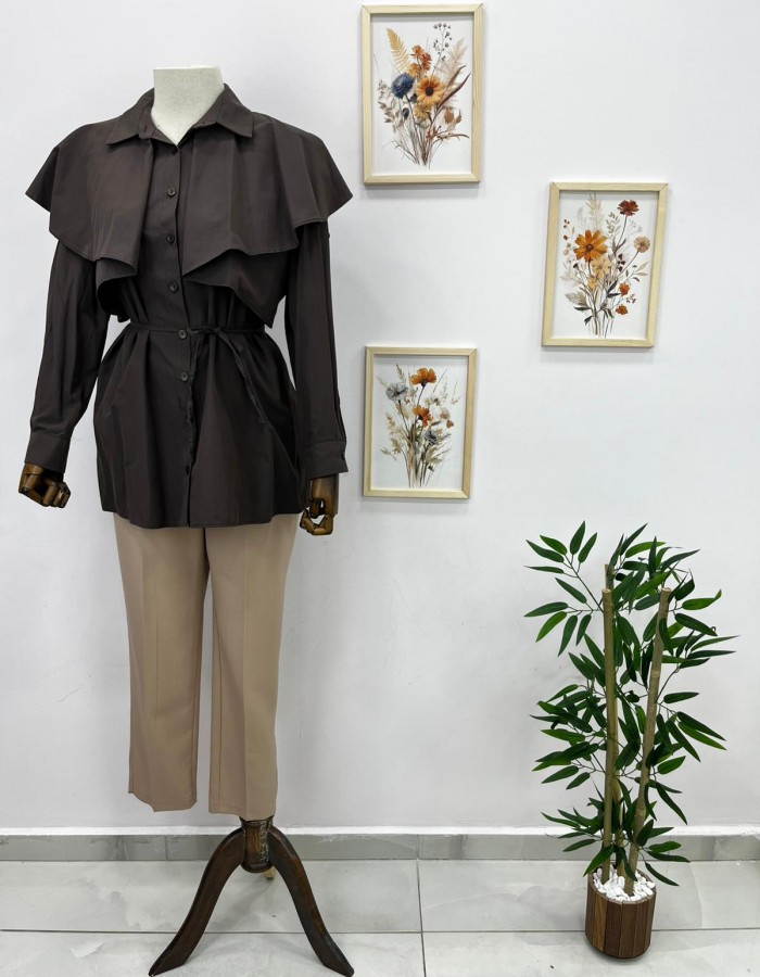 pelerin detaylı kahverengi gömlek tunik