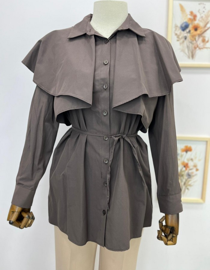 pelerin detaylı kahverengi gömlek tunik