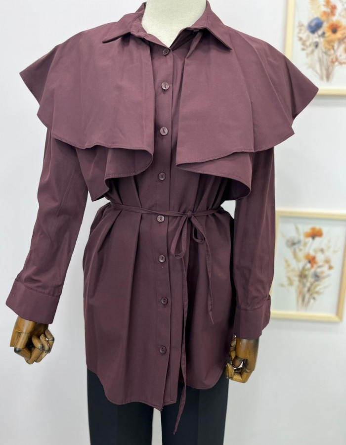 pelerin detaylı mürdüm gömlek tunik