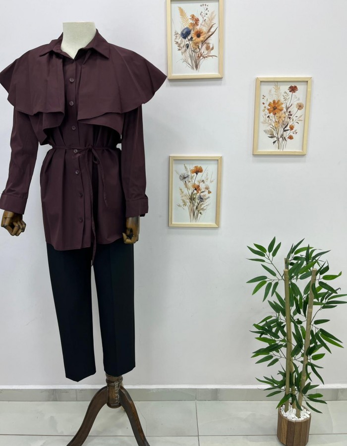 pelerin detaylı mürdüm gömlek tunik