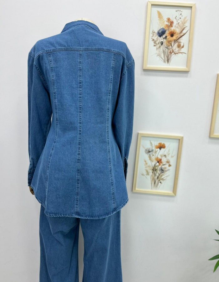 Belden Oturtmalı Denim Takım Açık Mavi