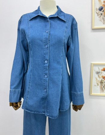 Belden Oturtmalı Denim Takım Açık Mavi