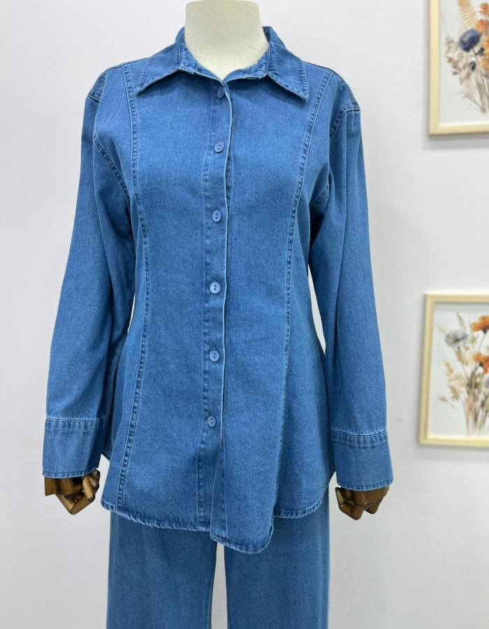 Belden Oturtmalı Denim Takım Açık Mavi